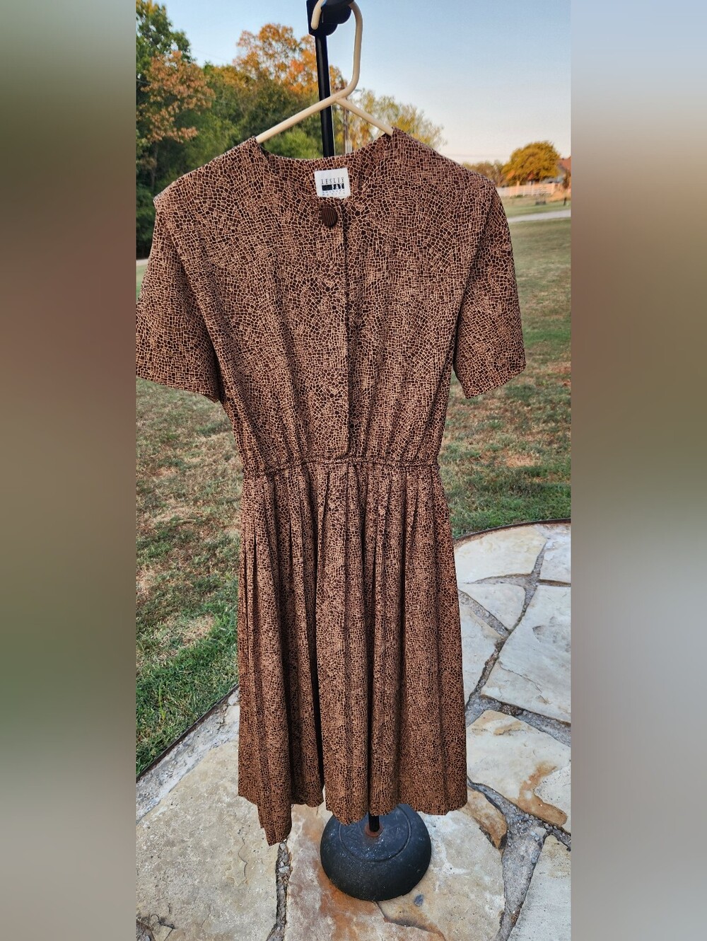 Vtg 80s Leslie Fay Earthy Mosaic Secretary Dress - Brown Black Abstract Midi 12P
